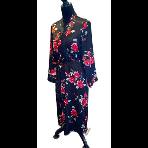 Apt. 9 Womens Robe Sz XS Black with Red Roses Tie Waist Silky Feel Sexy Lingerie - Picture 3 of 8